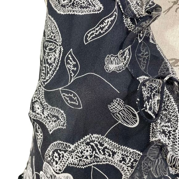 Vintage 90s Black White Paisley Print Ruffle Trim Silk Layered Tank Top Size PL - Picture 8 of 9